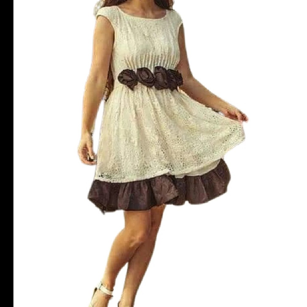 RYU ivory lace brown rosette layered ruffle sleeveless swing dress Sz M new